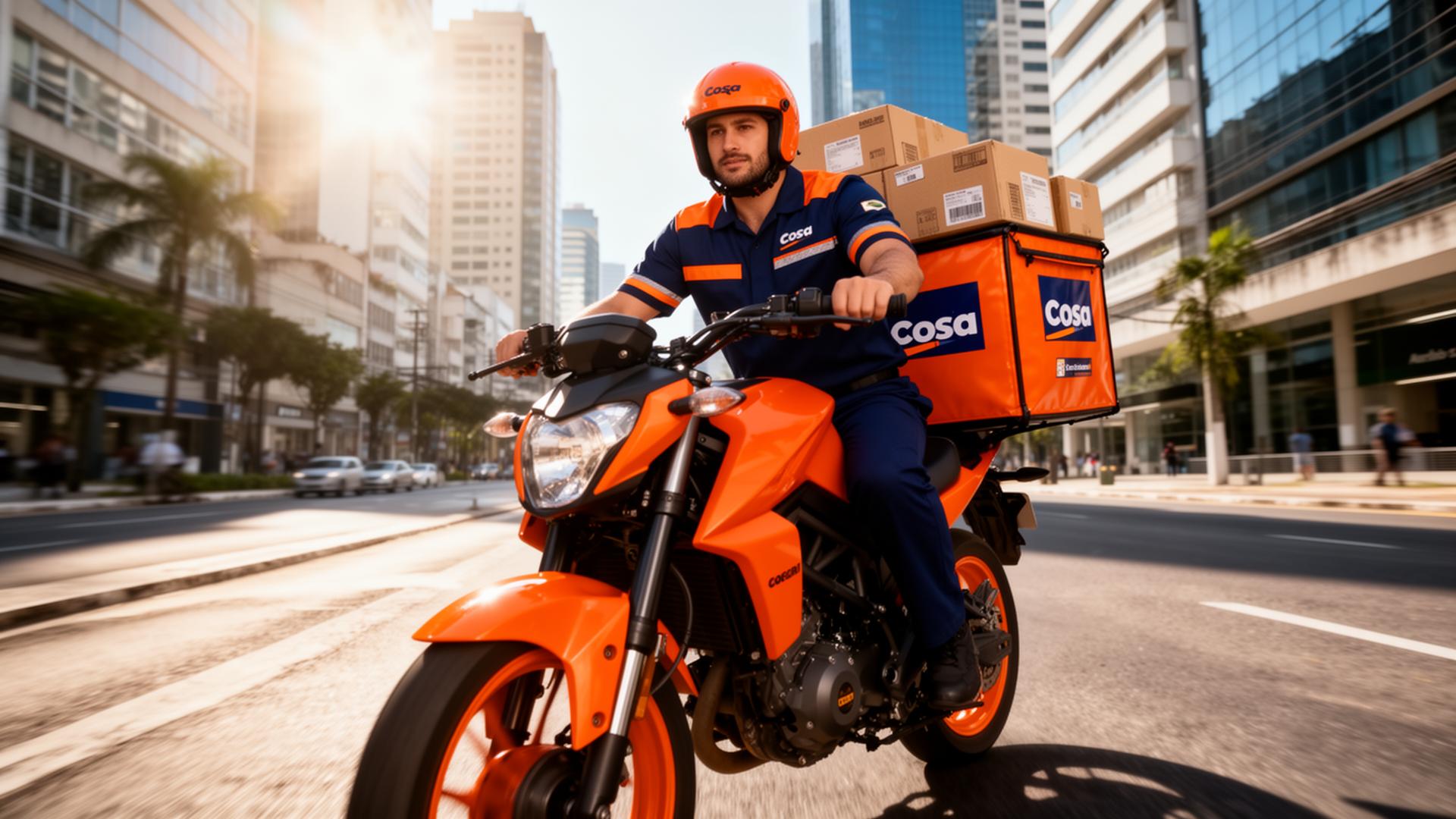 Entregador VeloEntrega em moto laranja entregando pacotes em cidade brasileira